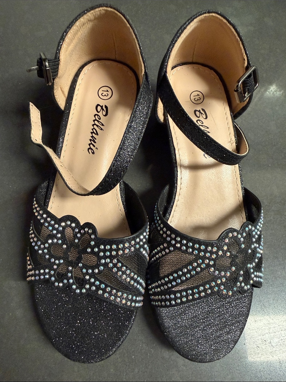 Black Glitter Dress Sandals with Rhinestone Detail